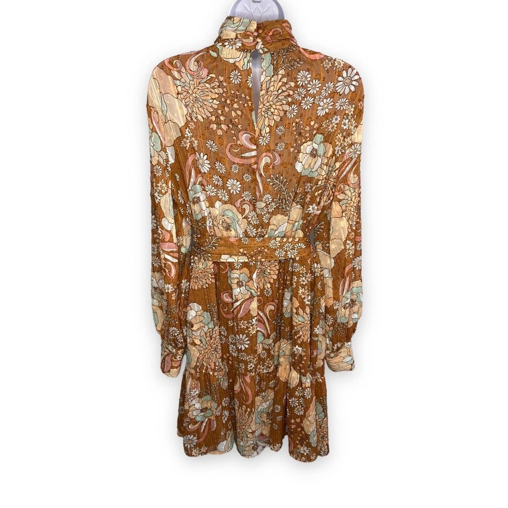 Ryegrass Large High Neck Long Sleeve Fit Flare Dress Mod Retro Rust Brown Floral - Picture 4 of 13